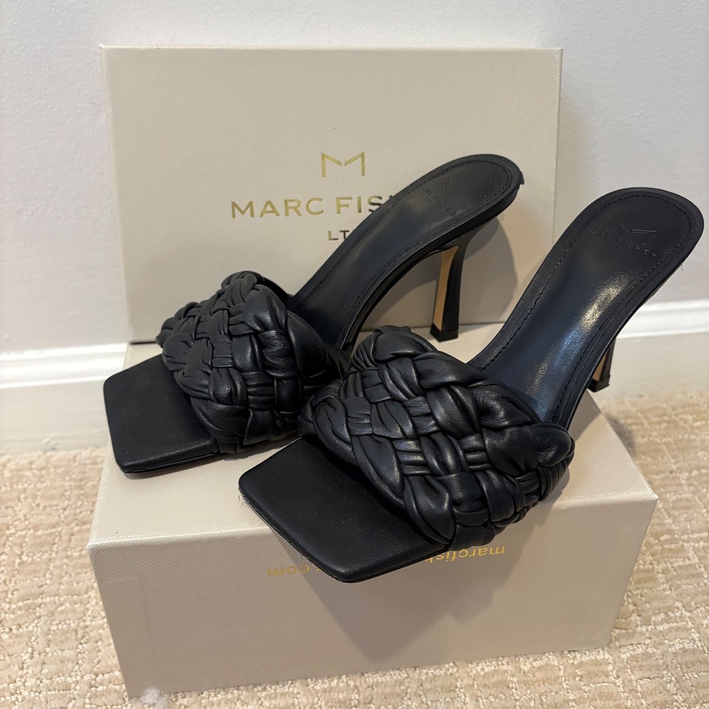 Marc Fisher Womens Draya Black Leather Square Toe Woven Heeled Mules 6.5M